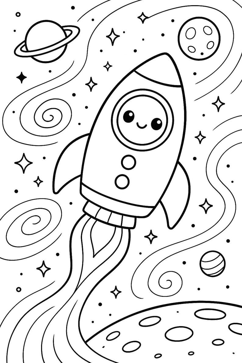 K&ouml;nnte beinhalten: Schwarz-Wei&szlig;-Illustration einer Rakete mit einem l&auml;chelnden Gesicht im Weltraum. Die Rakete ist von Sternen, Planeten und wirbelnden Galaxien umgeben. Die Rakete hat zwei kleine Fl&uuml;gel und st&ouml;&szlig;t Flammen aus.