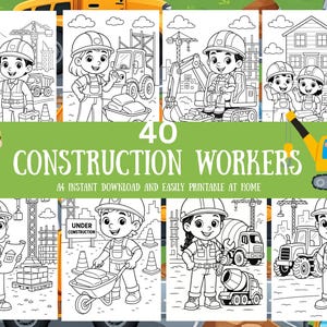 May include: A collection of black and white illustrations of construction workers and equipment. The text "40 CONSTRUCTION WORKERS" is displayed in green, with additional text below. The illustrations include construction vehicles, workers, and the words "STOP SLOW" and "UNDER CONSTRUCTION".