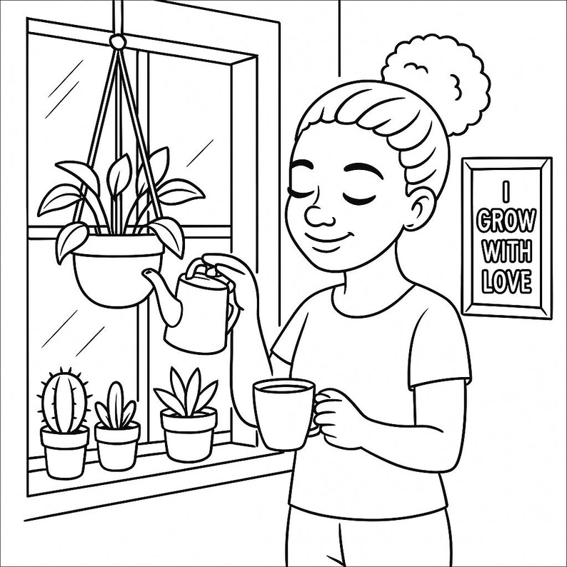 May include: Black and white illustration of a person watering plants. A hanging plant is above the person, and potted plants sit on a windowsill. The person holds a watering can and a mug. A framed sign reads "I GROW WITH LOVE."