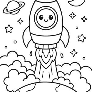K&ouml;nnte beinhalten: Schwarz-Wei&szlig;-Illustration einer Rakete, die ins All startet. Die Rakete hat ein l&auml;chelndes Gesicht. Das Bild enth&auml;lt Sterne, Planeten, Wolken und einen l&auml;chelnden Mond.