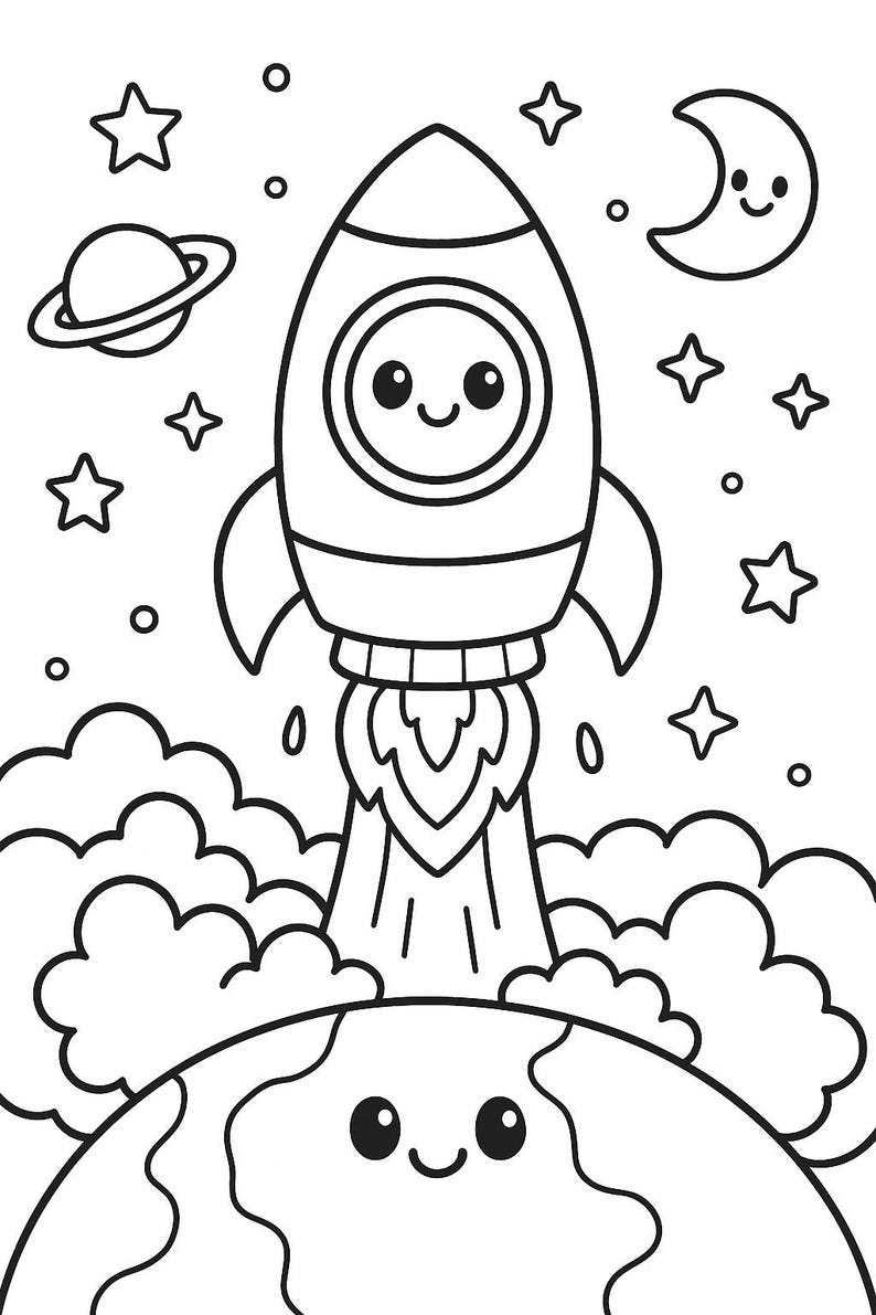 K&ouml;nnte beinhalten: Schwarz-Wei&szlig;-Illustration einer Rakete, die ins All startet. Die Rakete hat ein l&auml;chelndes Gesicht. Das Bild enth&auml;lt Sterne, Planeten, Wolken und einen l&auml;chelnden Mond.