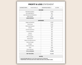 Black and White Editable Profit and Loss Statement | Printable P&L Template Bundle | Business Finance Tracker PDF | US Letter and A4