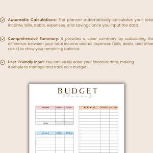 May include: A white budget planner with the title "BUDGET Planner" in elegant script. The planner includes sections for income, expenses, and bills, with columns for budget and actual amounts. Text highlights automatic calculations, comprehensive summaries, and user-friendly input.
