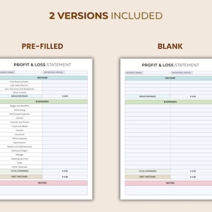 May include: Two versions of a profit and loss statement are shown. The left version is pre-filled, and the right is blank. The top of each form has fields for business name and reporting period. The forms include sections for income, expenses, and net income.