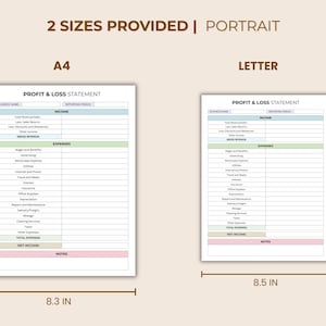 May include: Two portrait-oriented profit and loss statement templates are shown, one A4 size (8.3 inches wide, 11.7 inches tall) and one Letter size (8.5 inches wide, 11 inches tall). The templates have sections for income and expenses.
