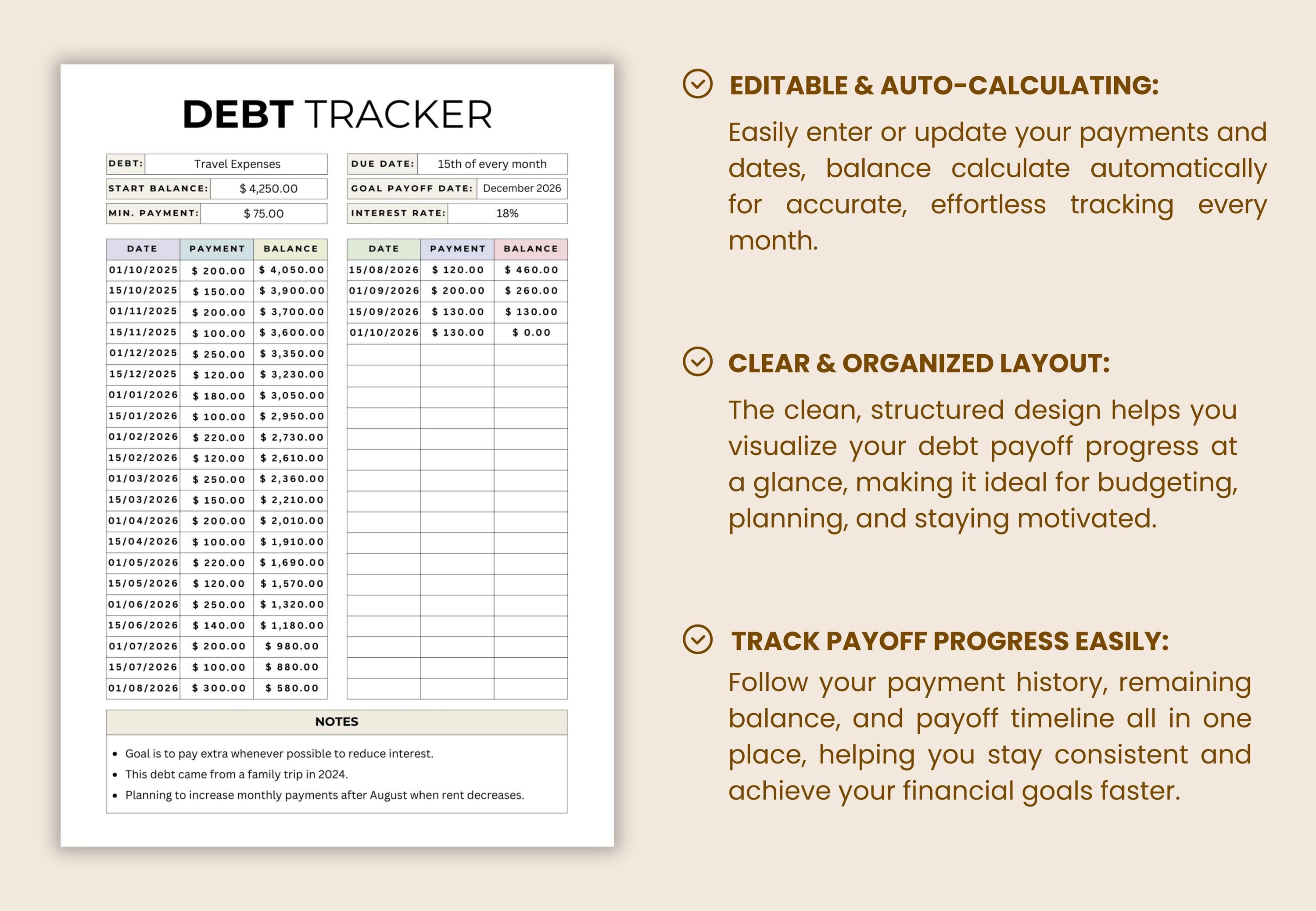 Digital Debt Tracker Printable PDF | Auto-calculating Debt Payoff Log ...