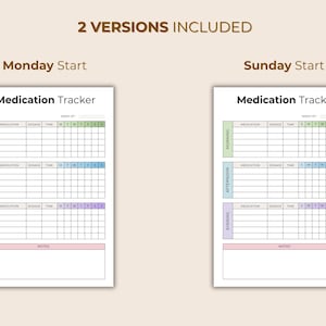 May include: Two medication tracker templates, one starting on Monday and the other on Sunday. Each tracker has sections for morning, afternoon, and evening, with spaces to record medication, dosage, and time. The top of each page reads "Medication Tracker".