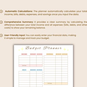 May include: A white budget planner with a grid layout for tracking income, expenses, and savings. The planner includes the title "Budget Planner" and sections for income, bills, and expenses. The planner is designed for user-friendly input and automatic calculations.