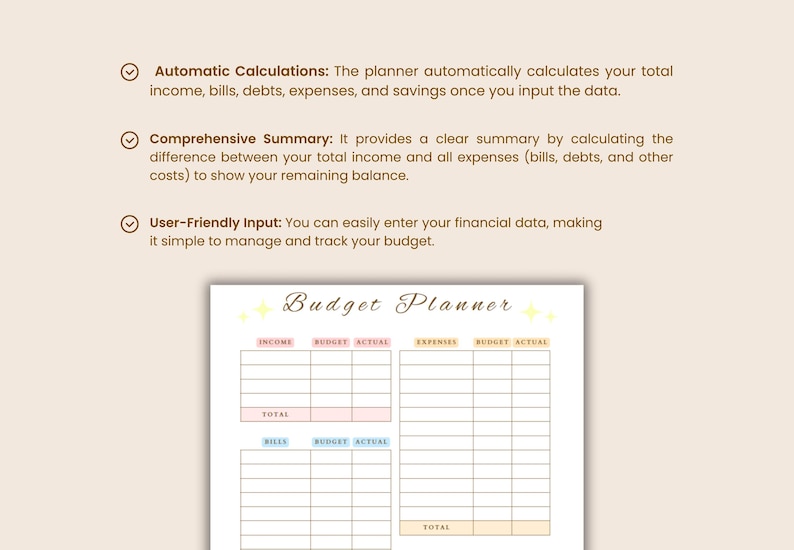May include: A white budget planner with a grid layout for tracking income, expenses, and savings. The planner includes the title "Budget Planner" and sections for income, bills, and expenses. The planner is designed for user-friendly input and automatic calculations.