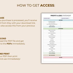May include: A digital profit and loss statement template with a beige background. The document includes sections for income and expenses, with instructions on how to access, download, and edit the PDF file.