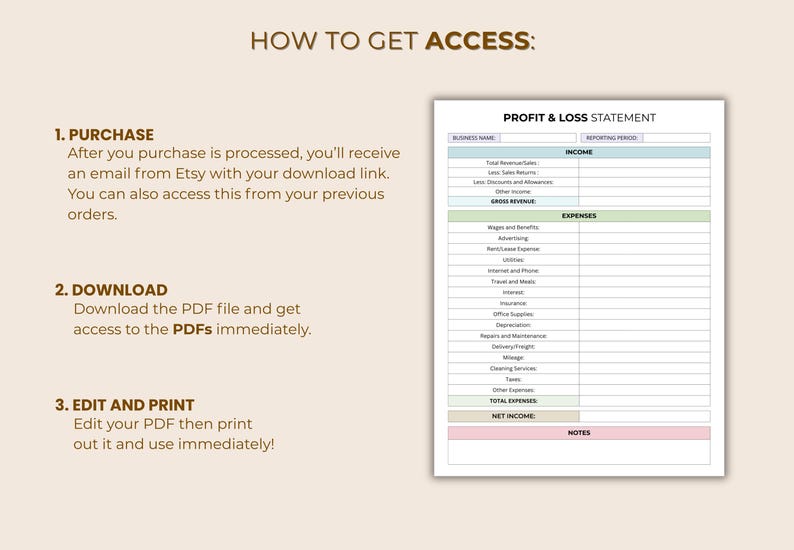 May include: A digital profit and loss statement template with a beige background. The document includes sections for income and expenses, with instructions on how to access, download, and edit the PDF file.
