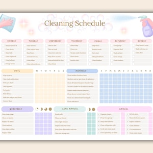May include: A pastel-colored cleaning schedule with the title "Cleaning Schedule" at the top. The schedule is divided into daily, weekly, monthly, quarterly, semi-annual, and annual sections. The image includes a hand with a cleaning cloth and a hand with a spray bottle.