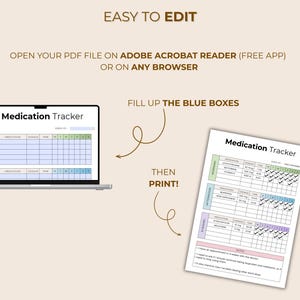 May include: A digital medication tracker displayed on a laptop and printed on paper. The text "Medication Tracker" is visible. The instructions "Easy to Edit", "Fill up the blue boxes", and "Then Print!" are also displayed.