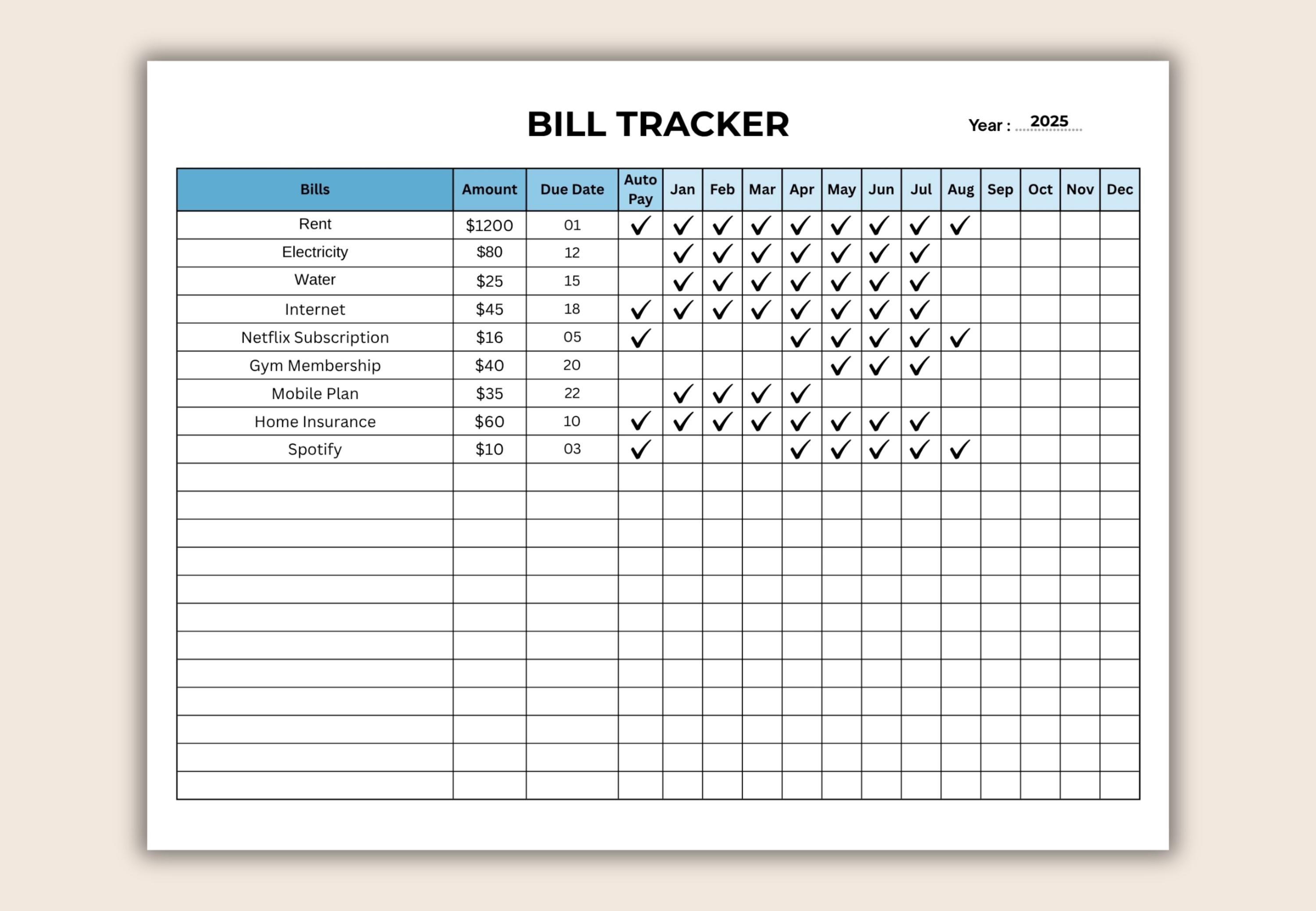 Editable Bill Payment Tracker | Printable Expense Log, Checklist ...