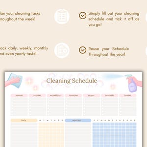 May include: A watercolor-style cleaning schedule with a light pink background. The schedule includes sections for daily, weekly, monthly, and yearly tasks. The text "Cleaning Schedule" is at the top, with days of the week listed.