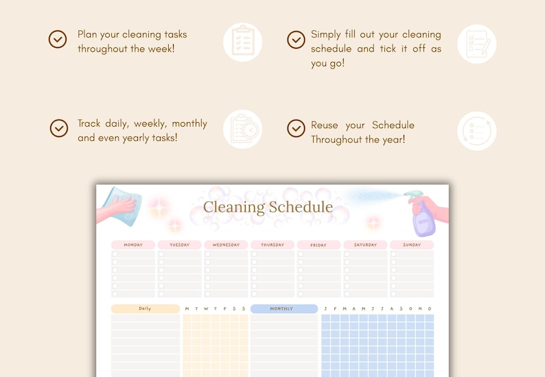 May include: A watercolor-style cleaning schedule with a light pink background. The schedule includes sections for daily, weekly, monthly, and yearly tasks. The text "Cleaning Schedule" is at the top, with days of the week listed.