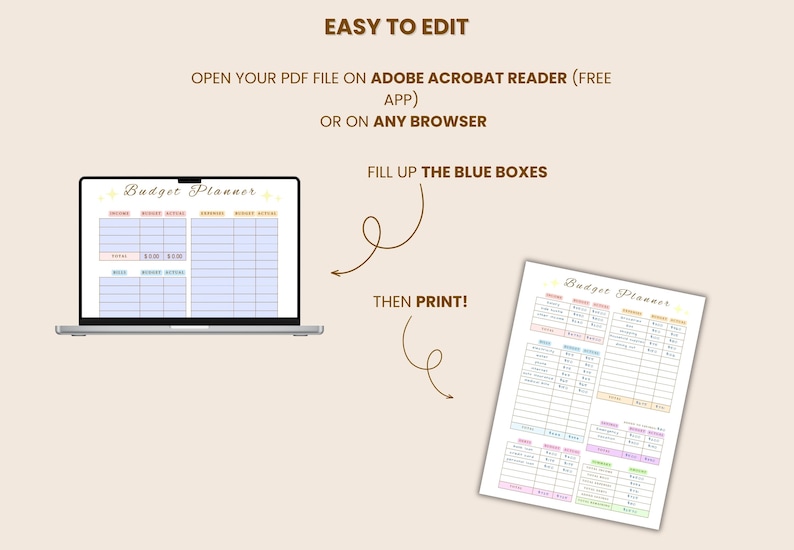 May include: A digital budget planner displayed on a laptop and printed on paper. The text "Budget Planner" is visible. Instructions include "Easy to Edit," "Fill up the blue boxes," and "Then Print!"