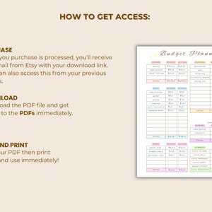May include: A beige digital download image with the text "HOW TO GET ACCESS:" and instructions for purchasing, downloading, and printing a budget planner. The planner is a spreadsheet with sections for income, expenses, and savings.