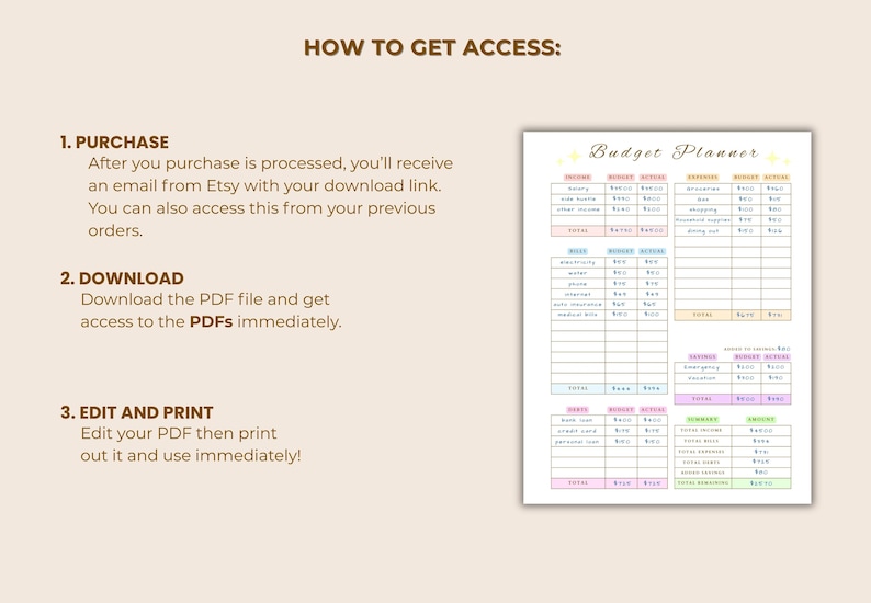 May include: A beige digital download image with the text "HOW TO GET ACCESS:" and instructions for purchasing, downloading, and printing a budget planner. The planner is a spreadsheet with sections for income, expenses, and savings.