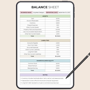 Könnte beinhalten: Ein digitaler Bilanzbogen auf einem Tablet, der Finanzdaten unter Vermögenswerte, Verbindlichkeiten und Eigenkapital auflistet. Das Dokument stammt von CozyNest Designs und ist vom 30. September 2025 datiert. Ein schwarzer Stift liegt daneben.