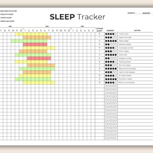 May include: A sleep tracker chart with a grid layout, featuring columns for time, hours slept, energy levels, and notes. The chart uses color-coding to indicate sleep quality, with green for deep sleep and red for restless sleep. The month of August is indicated.