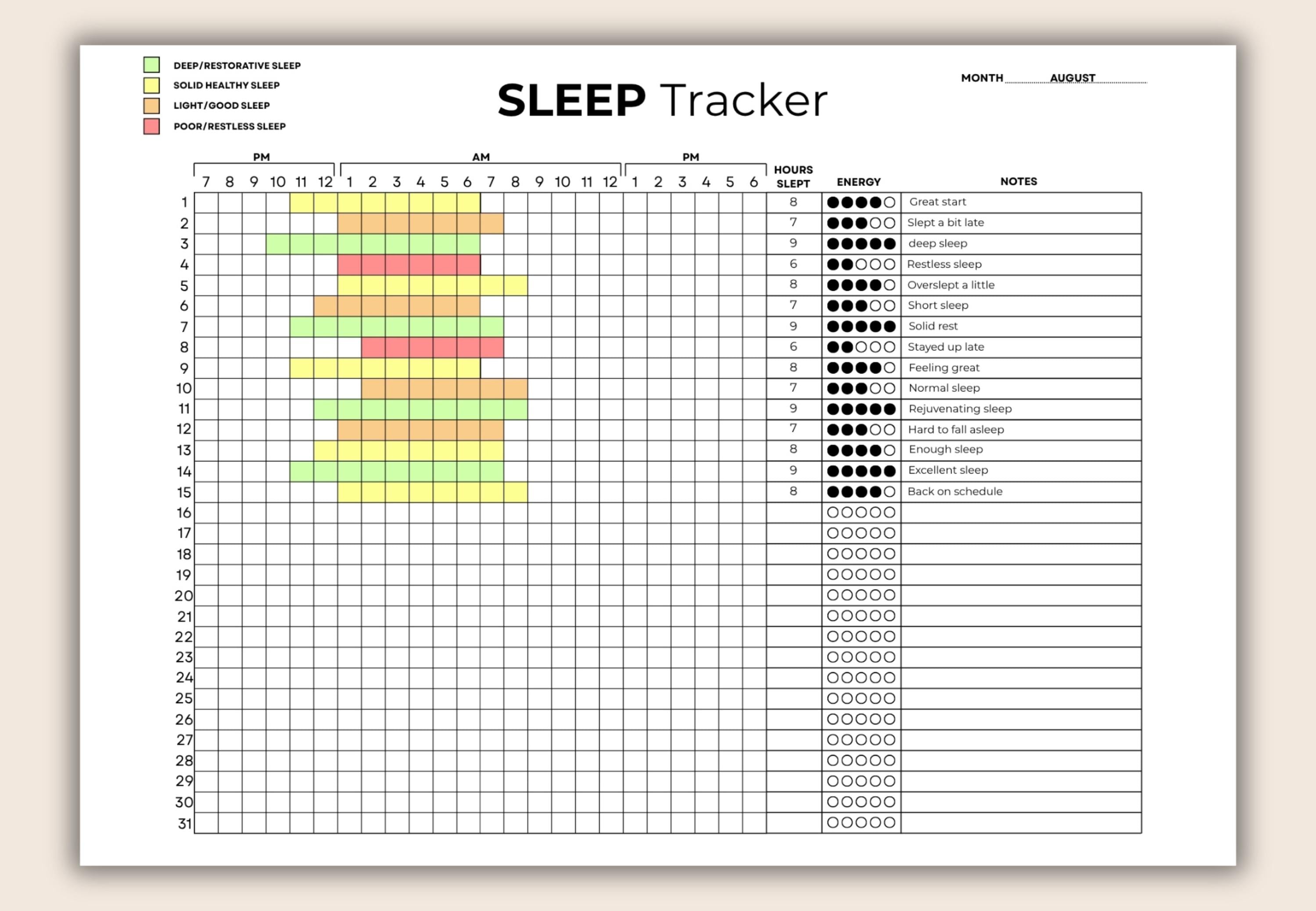 Printable & Editable Sleep Tracker PDF | Color-coded Monthly Sleep Log ...