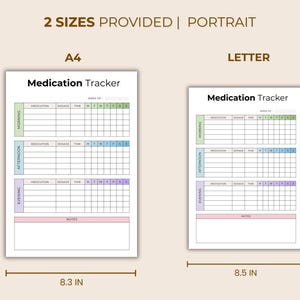 May include: Two medication tracker printables are displayed, one A4 size (21.1 cm x 29.7 cm) and one Letter size (21.6 cm x 27.9 cm). Each has sections for morning, afternoon, and evening medication tracking, with space for notes. The title "Medication Tracker" is at the top.