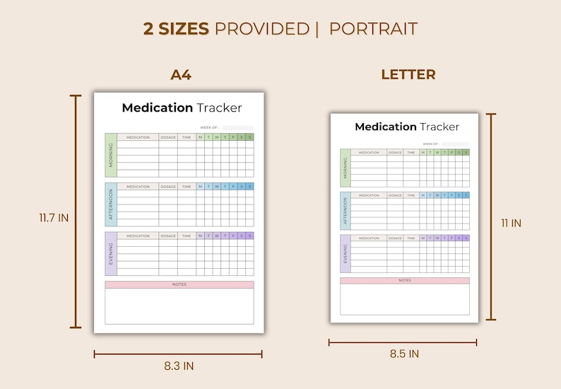 May include: Two medication tracker printables are displayed, one A4 size (21.1 cm x 29.7 cm) and one Letter size (21.6 cm x 27.9 cm). Each has sections for morning, afternoon, and evening medication tracking, with space for notes. The title "Medication Tracker" is at the top.