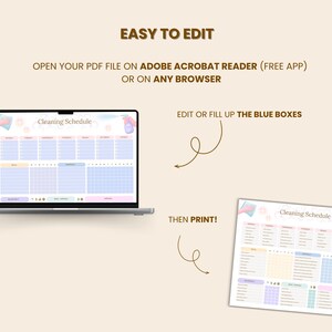 May include: A digital cleaning schedule template displayed on a laptop and printed on paper. The template is pastel-colored with text that reads "Cleaning Schedule" and instructions to edit and print. The text "Easy to Edit" is at the top.