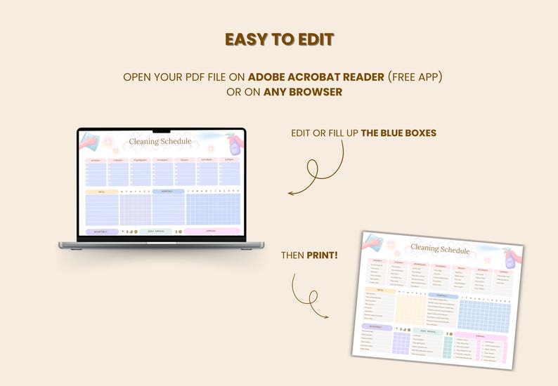 May include: A digital cleaning schedule template displayed on a laptop and printed on paper. The template is pastel-colored with text that reads "Cleaning Schedule" and instructions to edit and print. The text "Easy to Edit" is at the top.