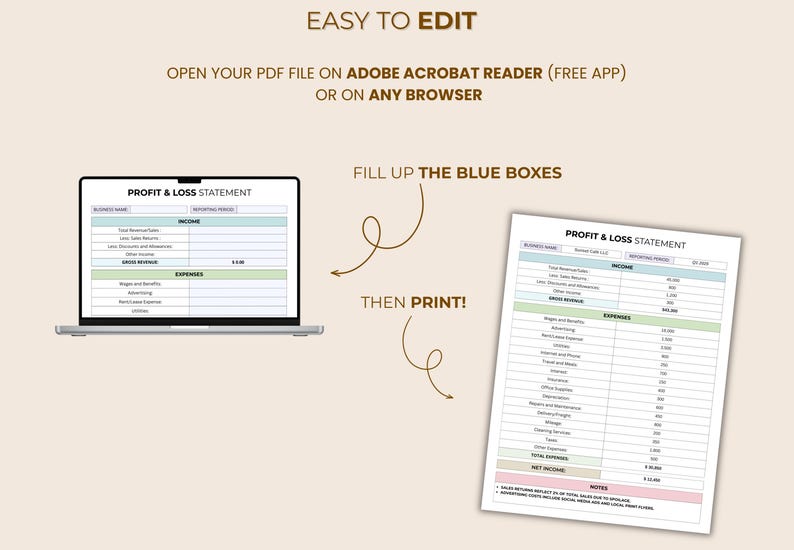 May include: An image showing a laptop displaying a profit and loss statement, alongside a printed version. The text reads "Easy to Edit" and instructs users to open the PDF in Adobe Acrobat Reader or any browser, fill in the blue boxes, and print.