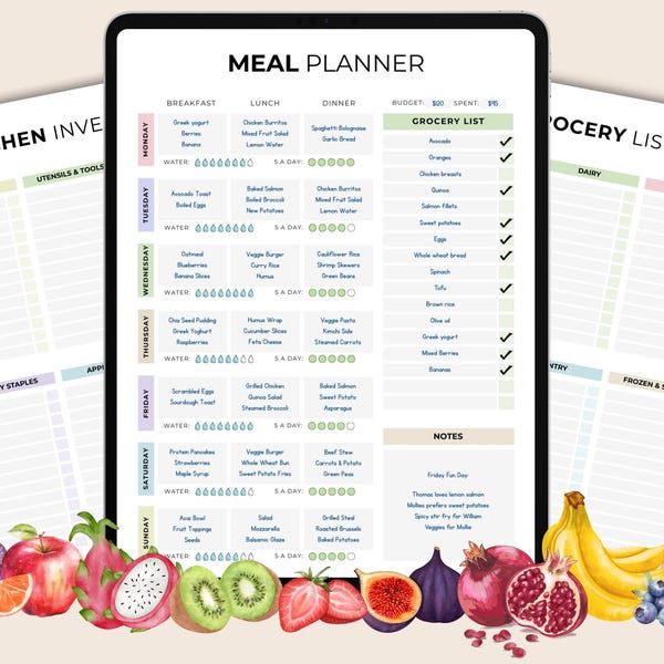 Planificador de comidas semanal digital e imprimible, plantilla de plan de comidas en PDF editable, lista de compras, organizador de menús de preparación de alimentos, descarga instantánea