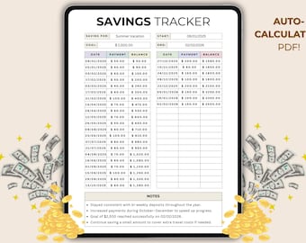 Savings Tracker Printable | Editable & Auto-Calculating PDF | Savings Goal Planner | Money Tracker | A4 and US Letter | Digital download