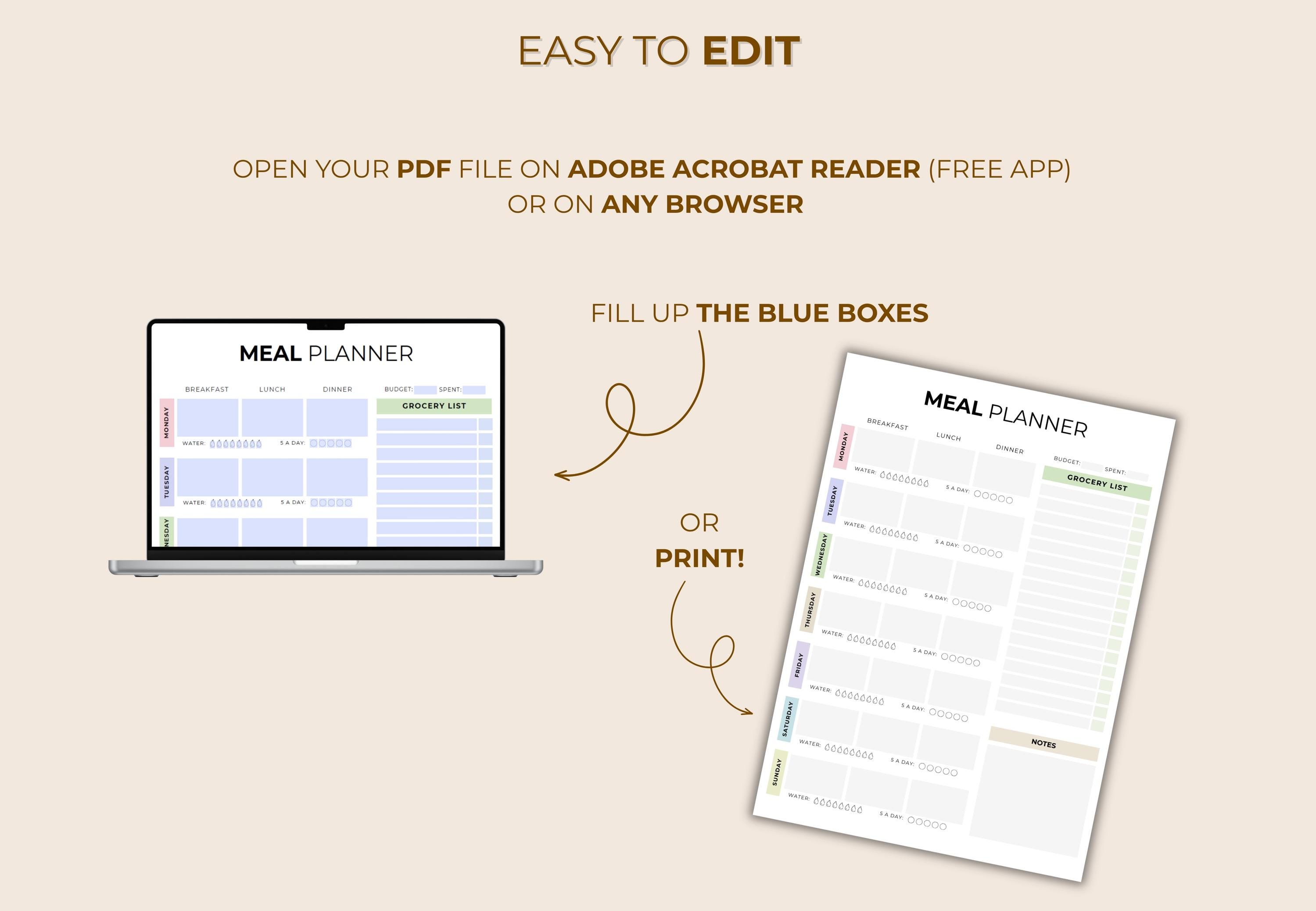 Weekly Meal Planner Digital & Printable, Editable PDF Meal Plan ...