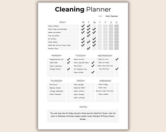 Editable Weekly Cleaning Planner | Black and White Smart Checklist & To Do List | Printable Template A4 ⁄  US Letter PDF | Instant Download