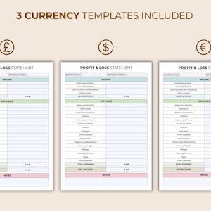 May include: Three profit and loss statement templates with different currency symbols: British pound, US dollar, and Euro. Each template includes sections for income and expenses, with fields for business name and reporting period. The text "3 CURRENCY TEMPLATES INCLUDED" is at the top.