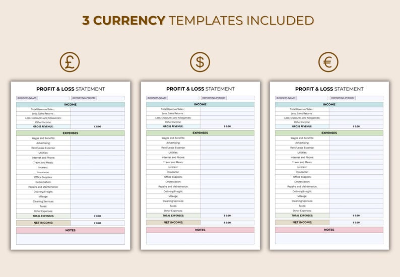 May include: Three profit and loss statement templates with different currency symbols: British pound, US dollar, and Euro. Each template includes sections for income and expenses, with fields for business name and reporting period. The text "3 CURRENCY TEMPLATES INCLUDED" is at the top.