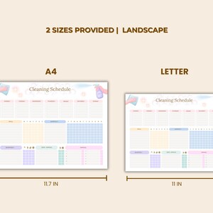 May include: Two cleaning schedule templates are shown, A4 size at 8.3 x 11.7 inches and Letter size at 8.5 x 11 inches. The templates have a pastel color scheme and include the text "Cleaning Schedule".