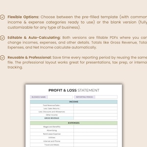 May include: A profit and loss statement template with sections for income and expenses. The document includes the text "Flexible Options", "Editable & Auto-Calculating", and "Reusable & Professional". The template is designed for business use.