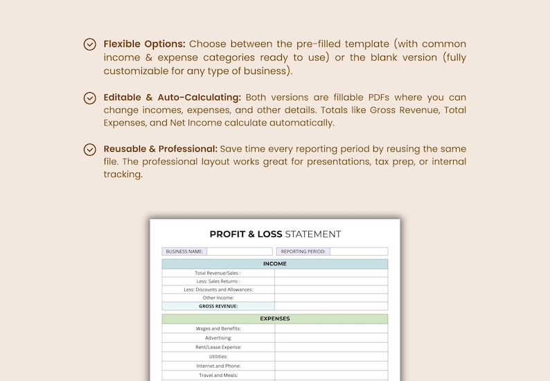 May include: A profit and loss statement template with sections for income and expenses. The document includes the text "Flexible Options", "Editable & Auto-Calculating", and "Reusable & Professional". The template is designed for business use.