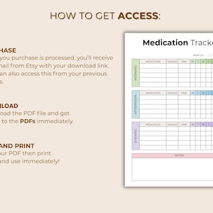 May include: A printable medication tracker with sections for morning, afternoon, and evening doses. The document includes space for medication, dosage, and time, with a notes section at the bottom. The title "Medication Tracker" is at the top.