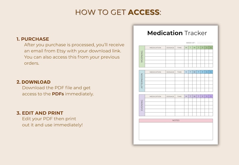 May include: A printable medication tracker with sections for morning, afternoon, and evening doses. The document includes space for medication, dosage, and time, with a notes section at the bottom. The title "Medication Tracker" is at the top.