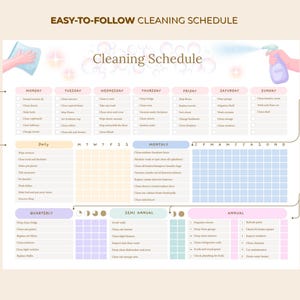 May include: A pastel-colored cleaning schedule with sections for daily, monthly, quarterly, semi-annual, and annual tasks. The schedule includes the text "Easy-to-Follow Cleaning Schedule" and is designed to help organize home cleaning.