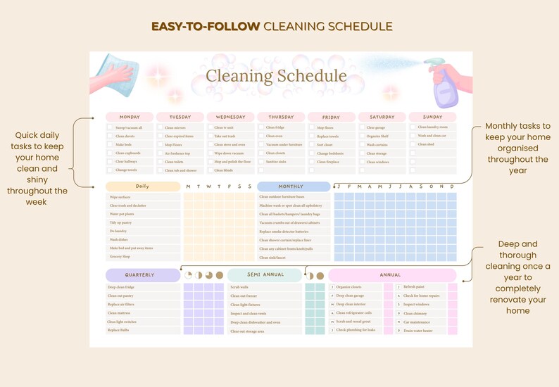 May include: A pastel-colored cleaning schedule with sections for daily, monthly, quarterly, semi-annual, and annual tasks. The schedule includes the text "Easy-to-Follow Cleaning Schedule" and is designed to help organize home cleaning.