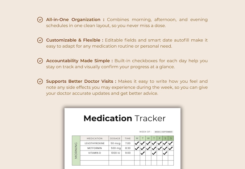 May include: A medication tracker with a green and white table, featuring checkboxes for daily medication tracking. The title "Medication Tracker" is displayed prominently. The tracker includes sections for medication, dosage, and time, with check boxes for each day of the week.