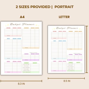 May include: Two budget planner templates, A4 and Letter sizes, are shown. The A4 planner is 8.3 inches wide and 11.7 inches tall. The Letter planner is 8.5 inches wide and 11 inches tall. Both have pastel color-coded sections for income, expenses, and notes.
