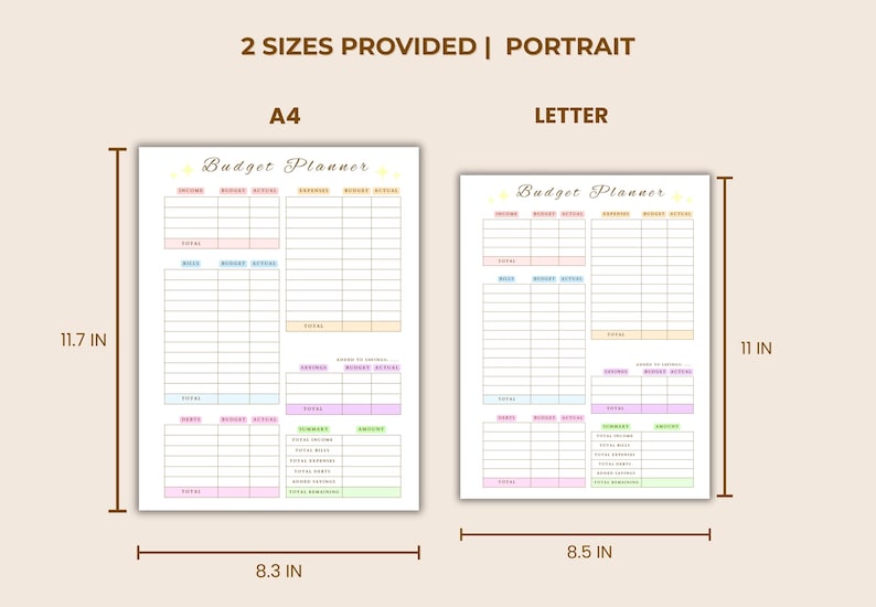 May include: Two budget planner templates, A4 and Letter sizes, are shown. The A4 planner is 8.3 inches wide and 11.7 inches tall. The Letter planner is 8.5 inches wide and 11 inches tall. Both have pastel color-coded sections for income, expenses, and notes.
