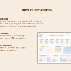 May include: A digital cleaning schedule template with pastel colors. The schedule includes sections for tasks, days of the week, and notes. Instructions on how to access the template are also included.