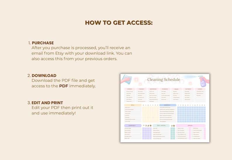 May include: A digital cleaning schedule template with pastel colors. The schedule includes sections for tasks, days of the week, and notes. Instructions on how to access the template are also included.