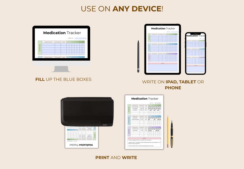 May include: An image showing a medication tracker displayed on a computer monitor, tablet, and smartphone. The text "USE ON ANY DEVICE!" and "FILL UP THE BLUE BOXES" are present. A printed version is also shown, with the text "PRINT AND WRITE".